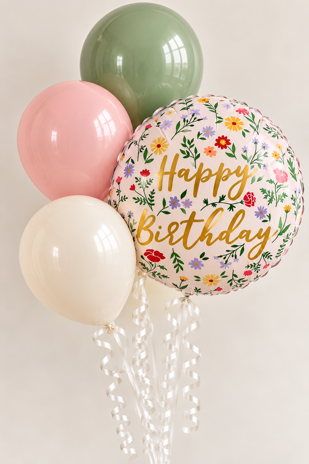 Deluxe balloon bouquet — Happy Birthday Light Pink Flowers Round foil balloon with coordinating latex balloons