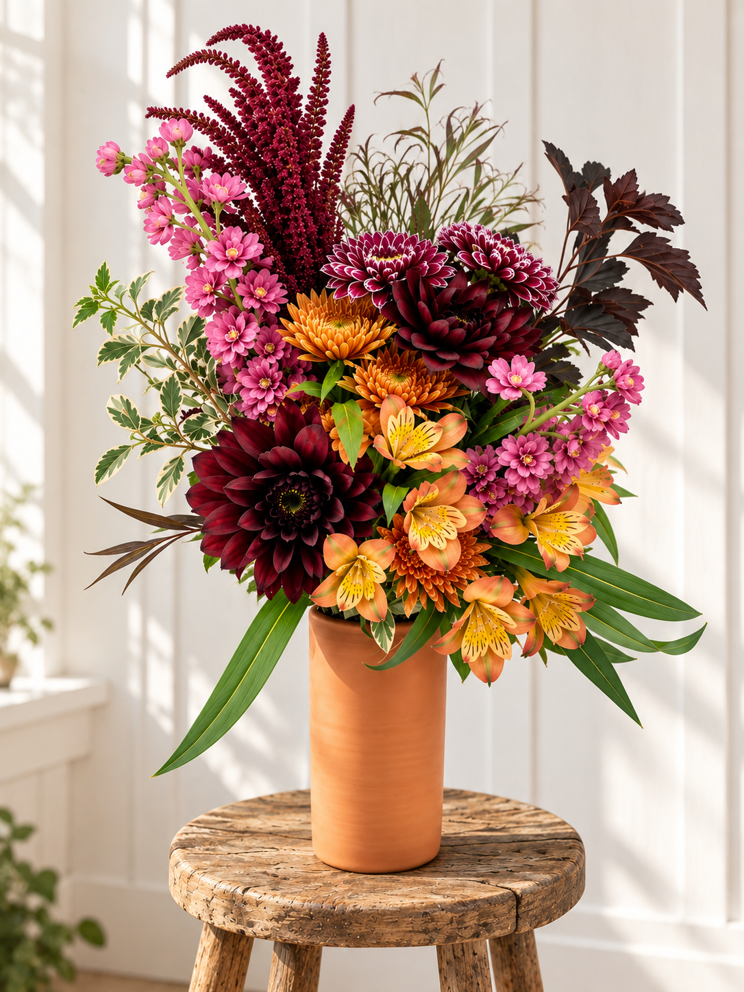 Red Clay Rambler Fall Arrangement - Burgundy Farmhouse Floral Arrangement