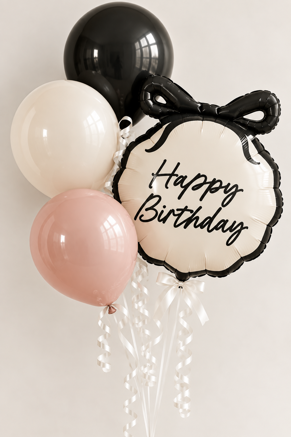 Deluxe balloon bouquet — Put A Bow On It Happy Birthday Black Bow Round foil balloon with coordinating latex balloons