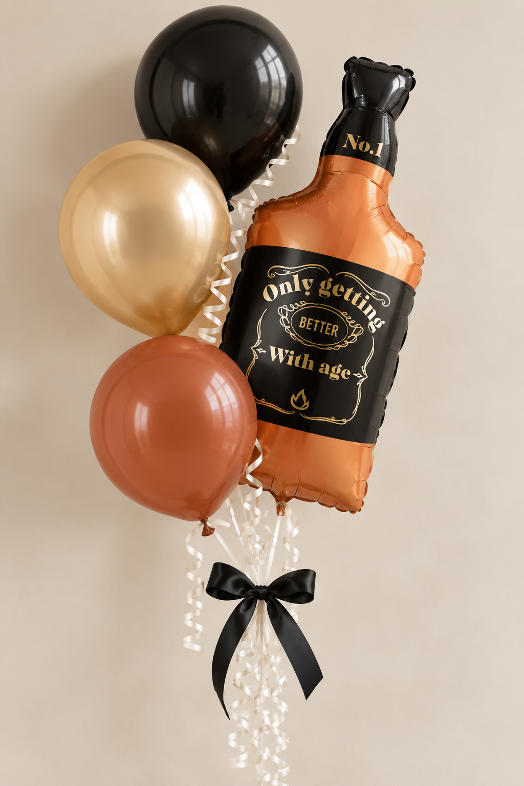 Deluxe balloon bouquet — Another Year Neat Whisky Shape foil balloon with coordinating latex balloons
