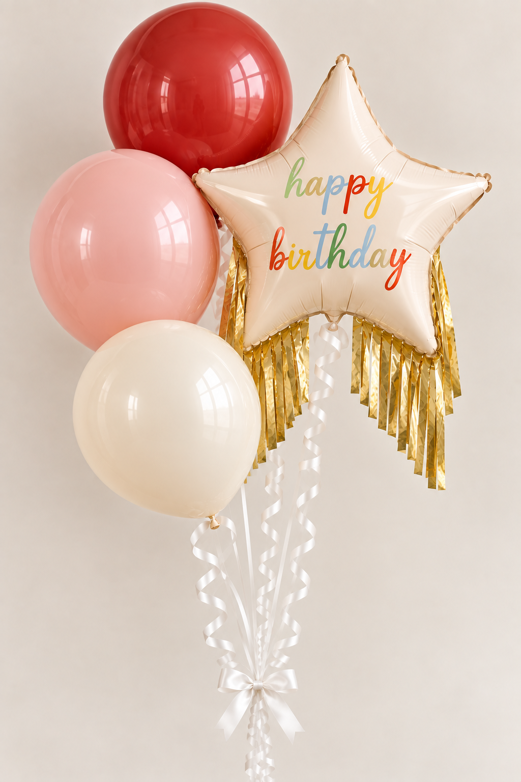 Deluxe balloon bouquet — Star Of The Show Happy Birthday Star with Fringe foil balloon with coordinating latex balloons