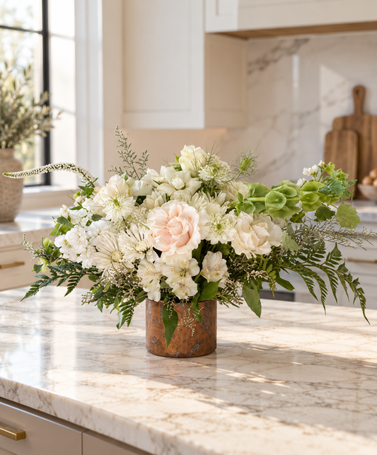 Iron & Lace - Rustic White Garden Bouqueton Marble Countertop